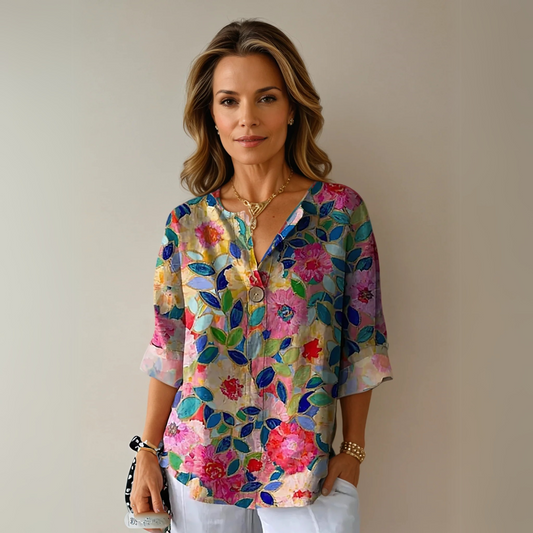Kristin | Kvinders Blomsterprint Knap-Ned Bluse