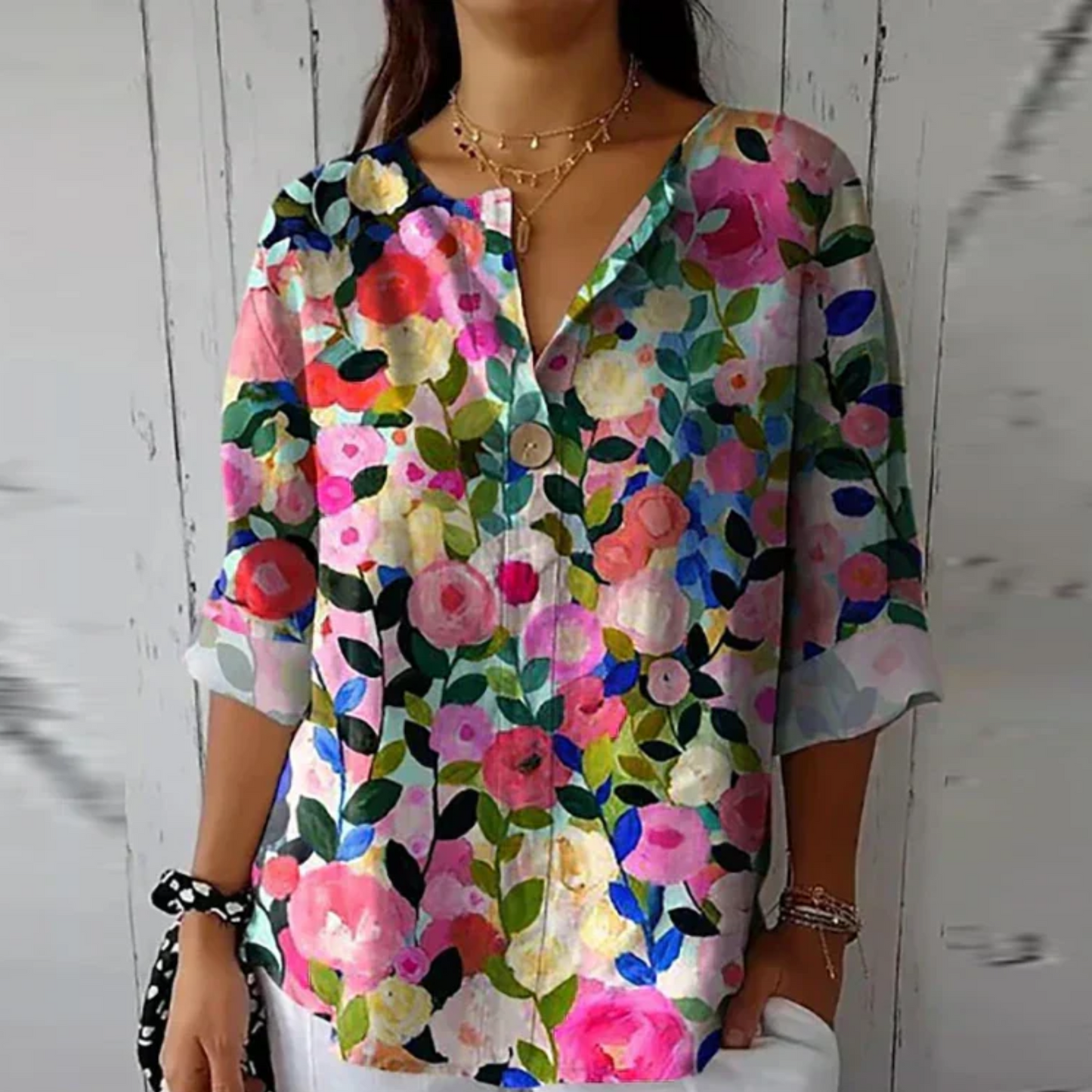 Kristin | Kvinders Blomsterprint Knap-Ned Bluse