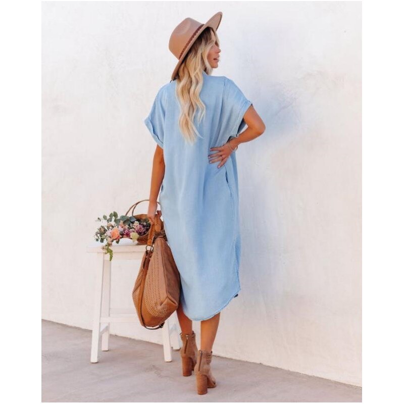 Shelby | Kvinders Denim Midi Kjole med Knaplukning