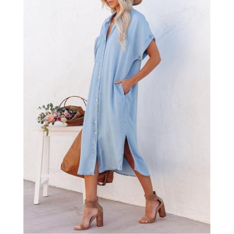 Shelby | Kvinders Denim Midi Kjole med Knaplukning