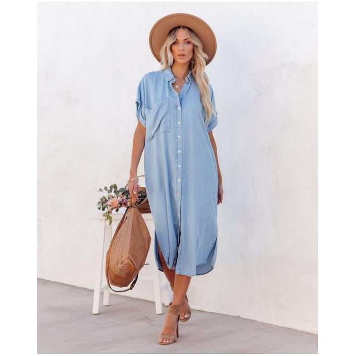 Shelby | Kvinders Denim Midi Kjole med Knaplukning