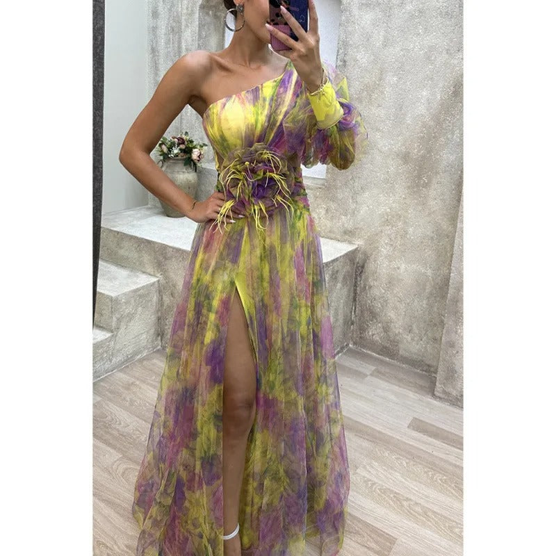 Norma | Elegant Maxi Kjole i Gennemsigtig Blomsterdesign