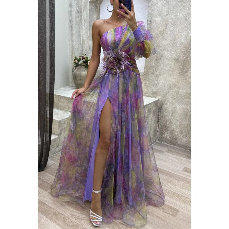 Norma | Elegant Maxi Kjole i Gennemsigtig Blomsterdesign